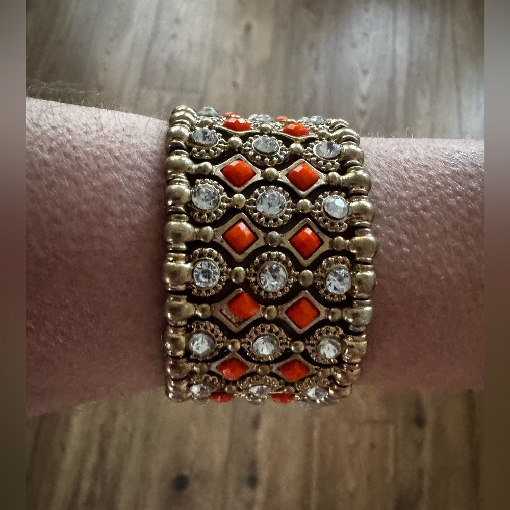 Anthropologie Gold-Tone Bracelet with Orange Accents and Clear Stones
